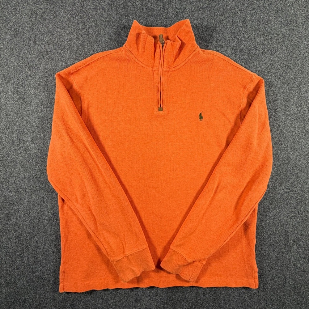 Polo Ralph Lauren Mens Large Orange‎ Ribbed Cotton 1/4 Zip Pullover Sweater L